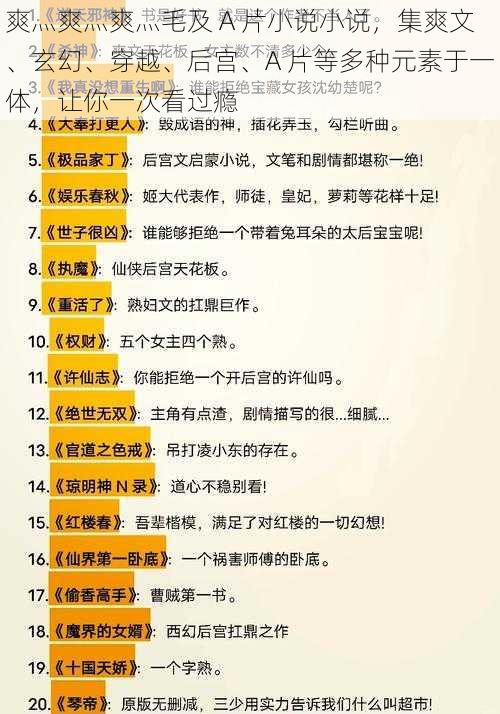 爽灬爽灬爽灬毛及 A 片小说小说，集爽文、玄幻、穿越、后宫、A 片等多种元素于一体，让你一次看过瘾