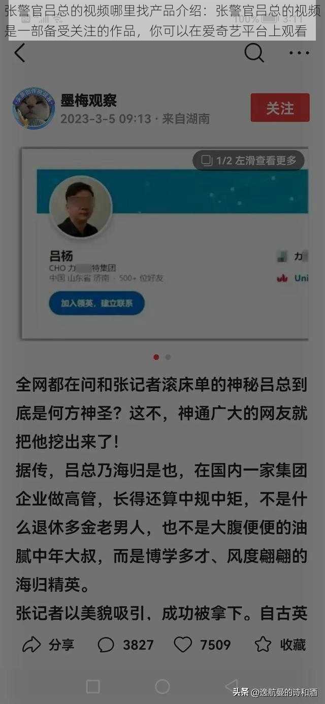 张警官吕总的视频哪里找产品介绍：张警官吕总的视频是一部备受关注的作品，你可以在爱奇艺平台上观看