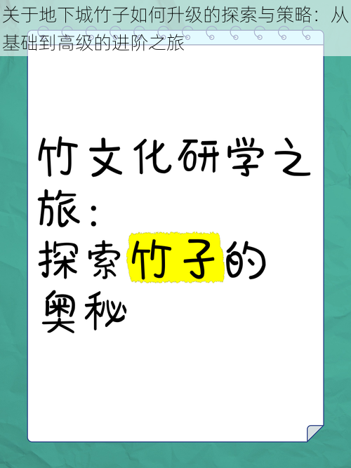 关于地下城竹子如何升级的探索与策略：从基础到高级的进阶之旅