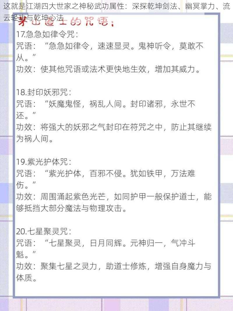 这就是江湖四大世家之神秘武功属性：深探乾坤剑法、幽冥掌力、流云轻功与乾坤心法