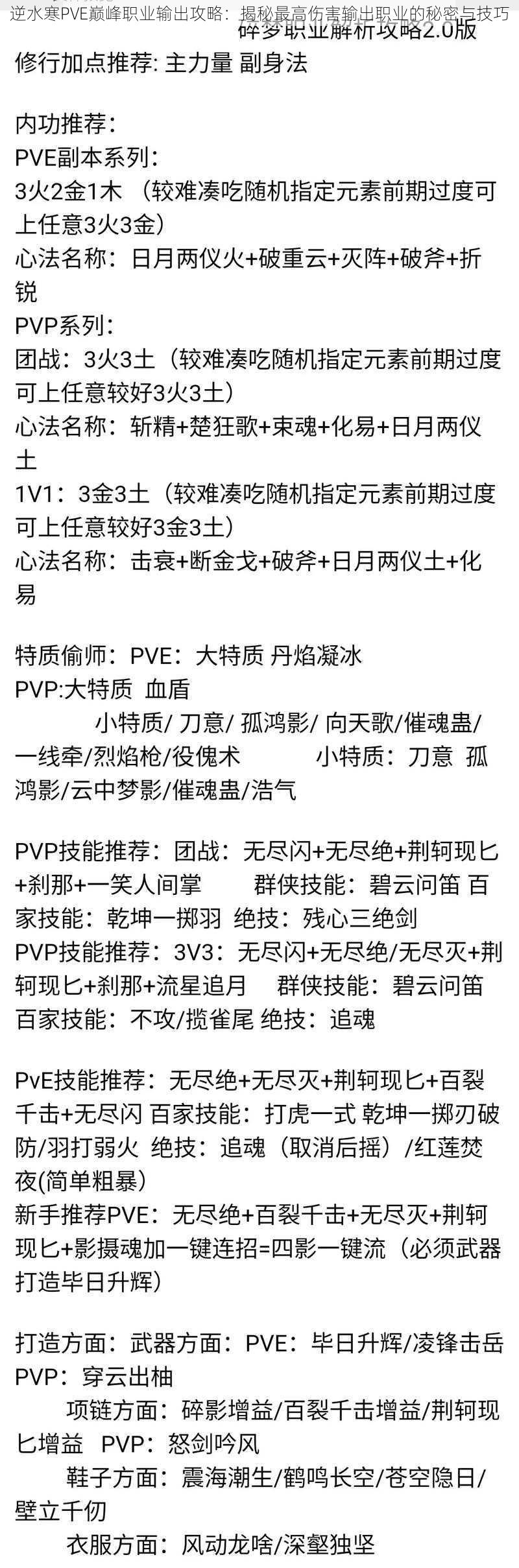 逆水寒PVE巅峰职业输出攻略：揭秘最高伤害输出职业的秘密与技巧