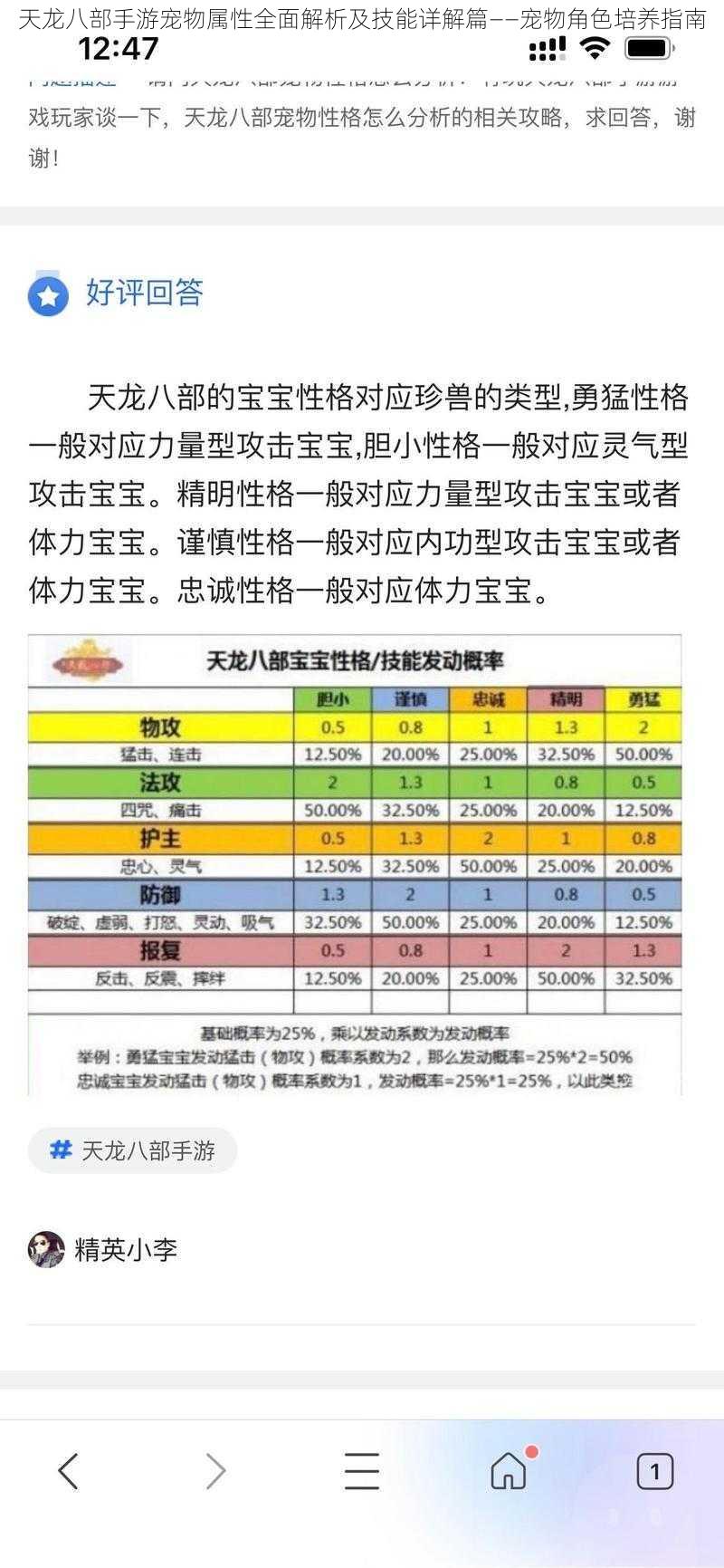 天龙八部手游宠物属性全面解析及技能详解篇——宠物角色培养指南