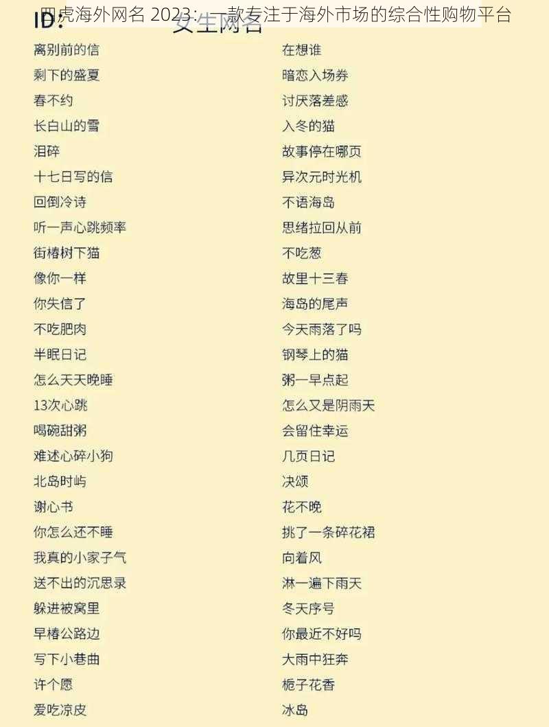 四虎海外网名 2023:一款专注于海外市场的综合性购物平台